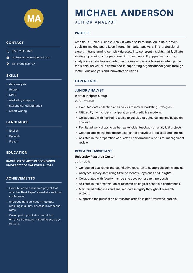 Junior Business Analyst resume sample — Junior Analyst focus