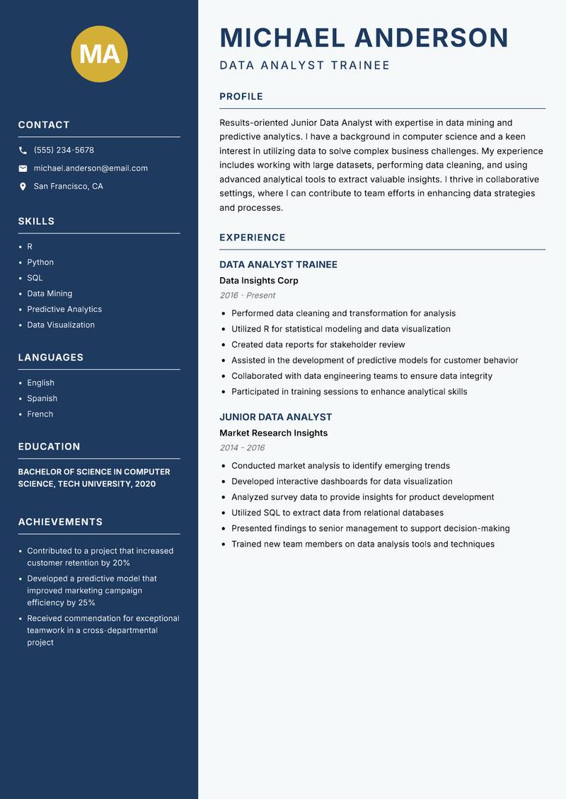 Junior Data Analyst resume sample — Data Analyst Trainee focus