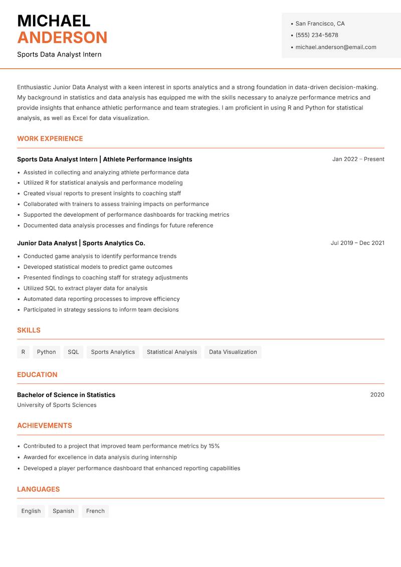 Junior Data Analyst resume sample — Sports Data Analyst Intern focus