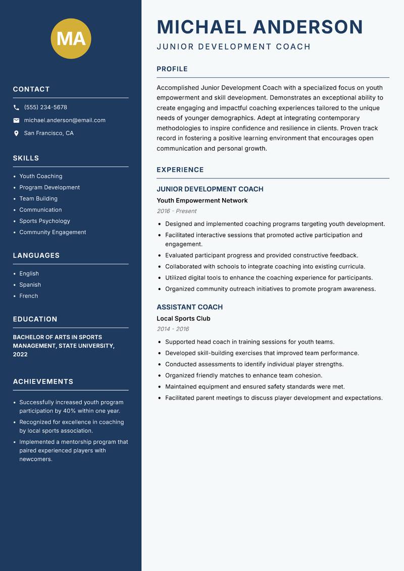 Junior Development Coach resume sample — Junior Development Coach focus