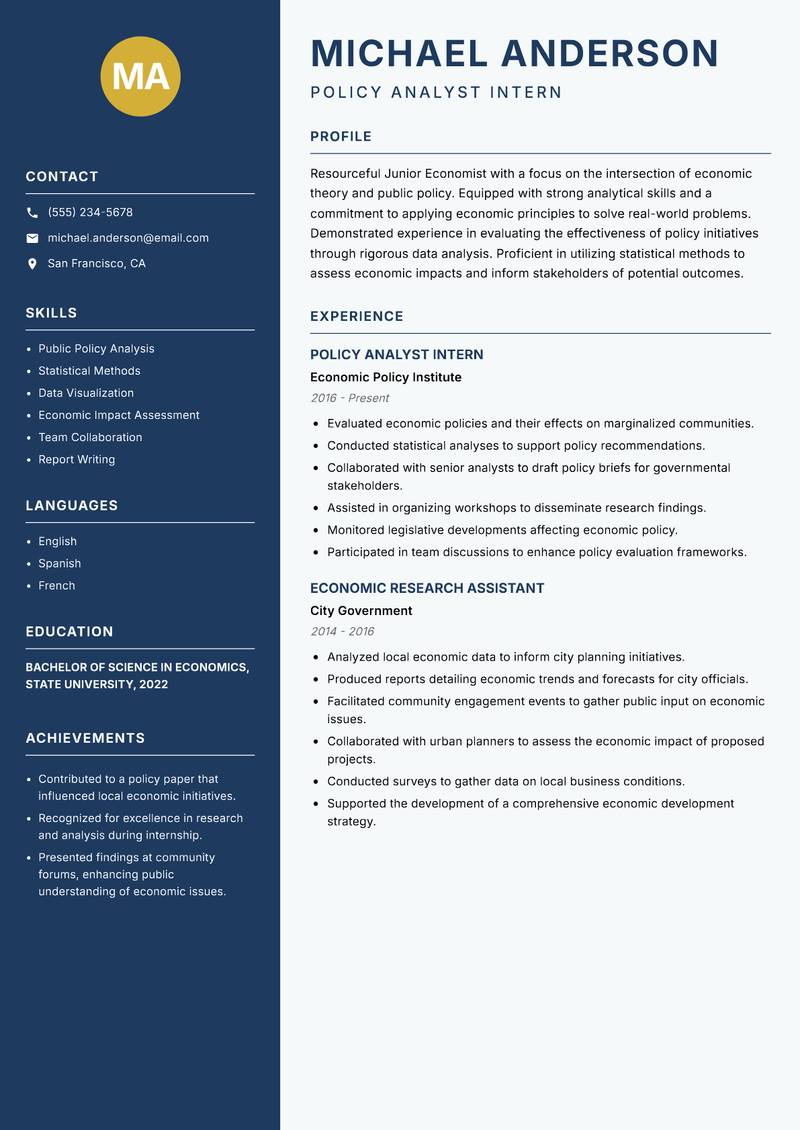 Junior Economist resume sample — Policy Analyst Intern focus