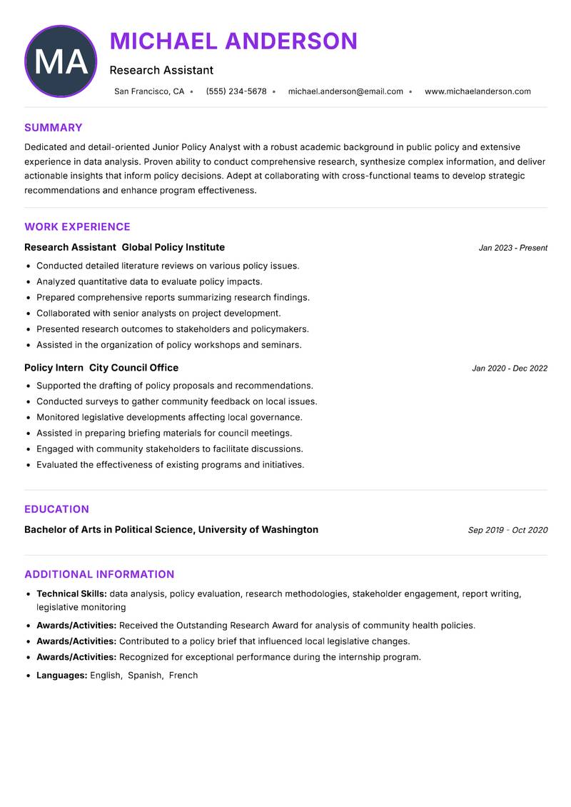 Junior Policy Analyst resume example