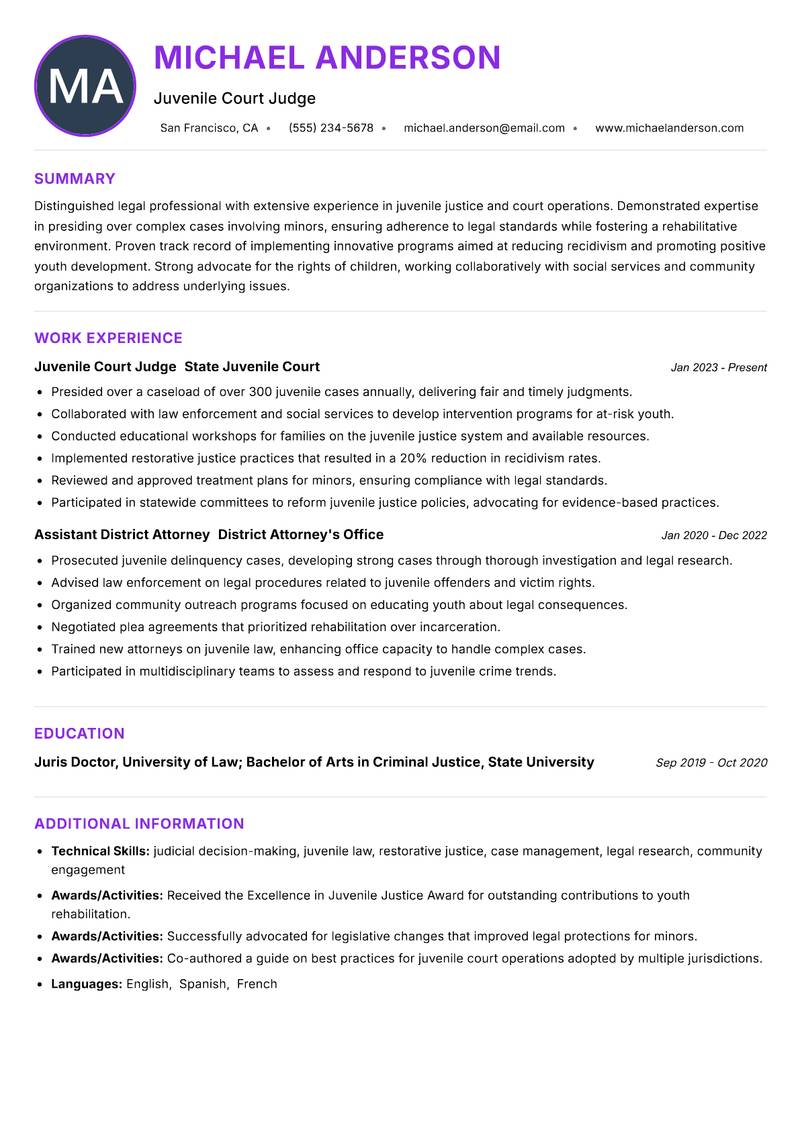 Juvenile Court Judge resume example