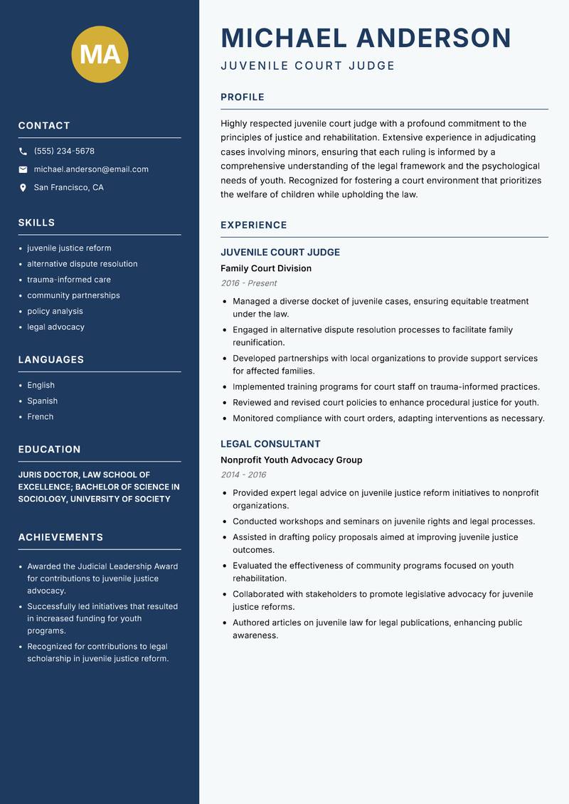Juvenile Court Judge resume sample — Juvenile Court Judge focus