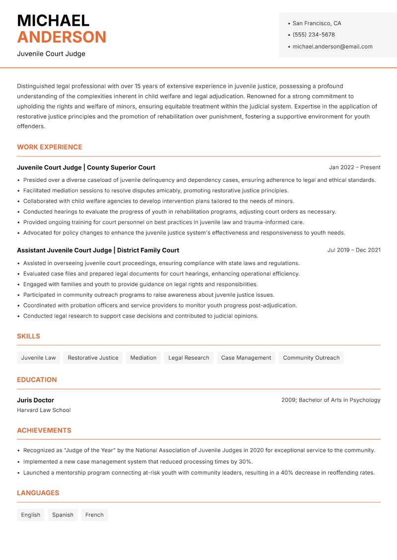 Juvenile Court Judge resume sample — Juvenile Court Judge focus