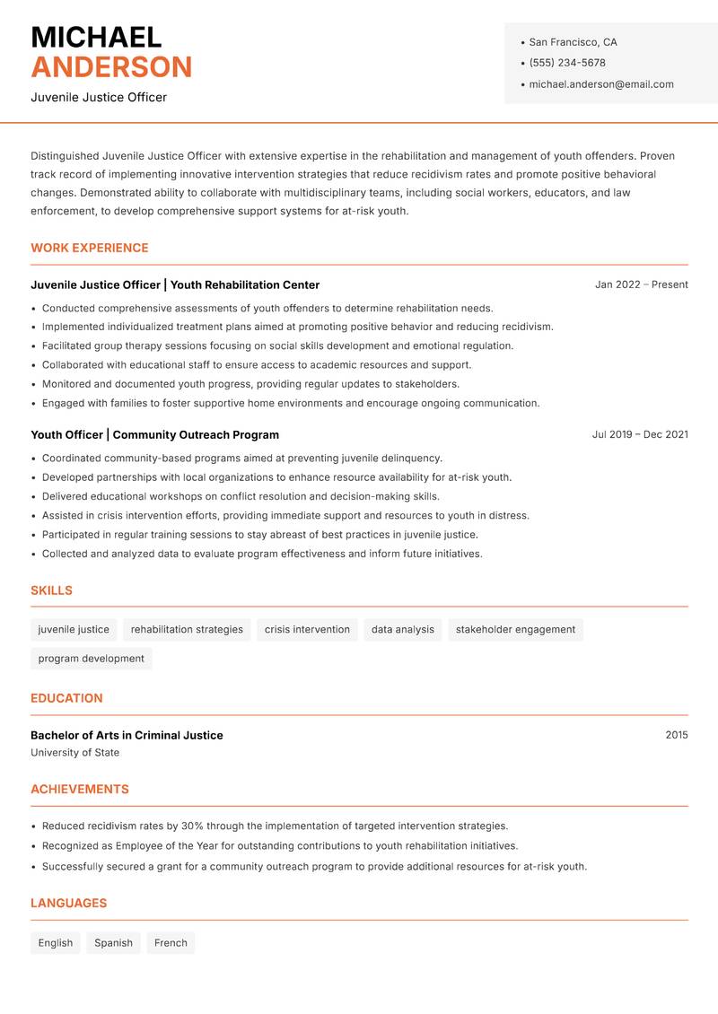 Juvenile Justice Officer resume sample — Juvenile Justice Officer focus