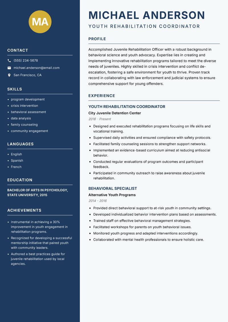 Juvenile Rehabilitation Officer resume sample — Youth Rehabilitation Coordinator focus