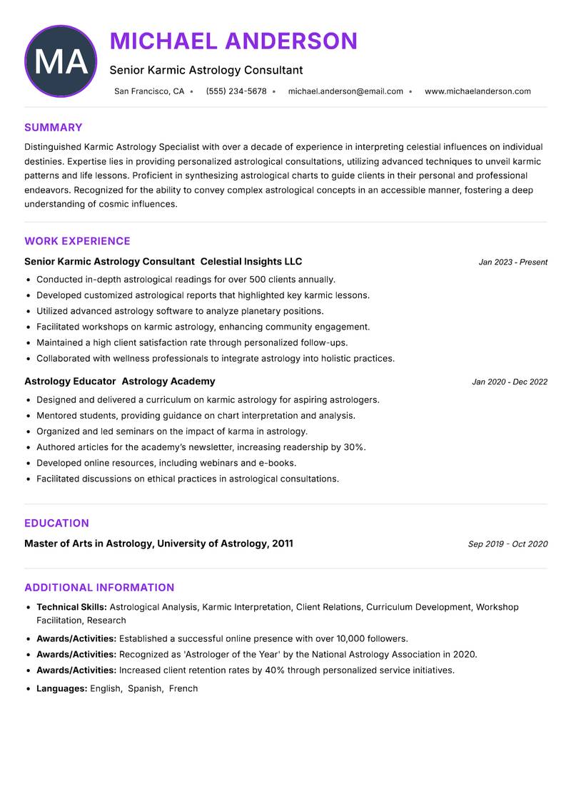 Karmic Astrology Specialist resume example