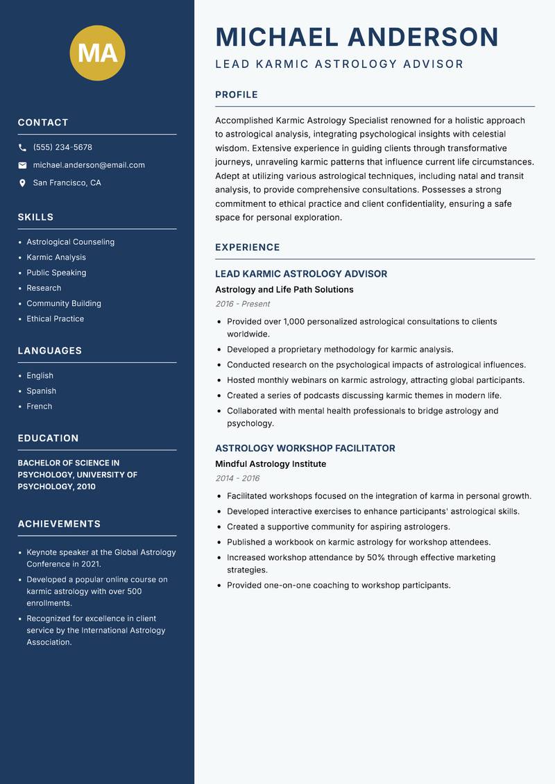 Karmic Astrology Specialist resume sample — Lead Karmic Astrology Advisor focus