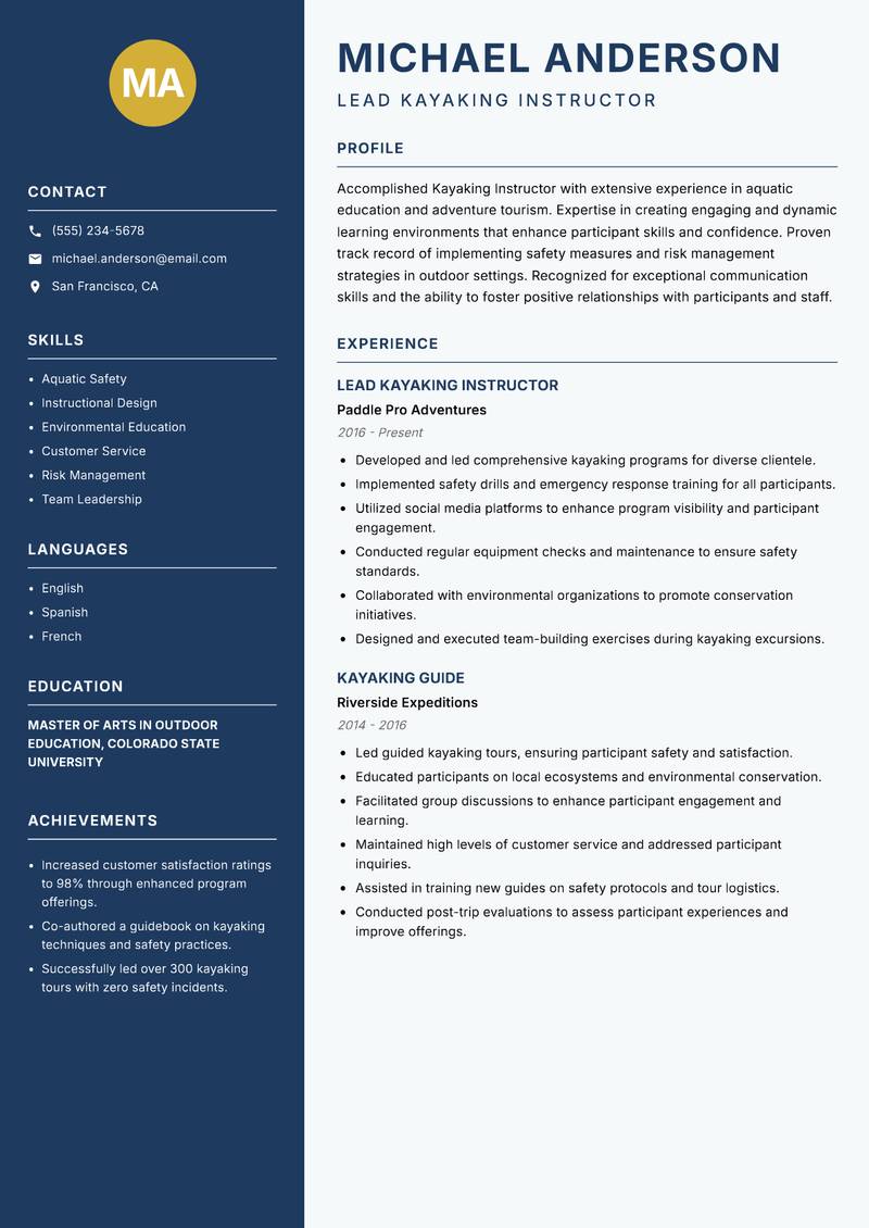 Kayaking Instructor resume sample — Lead Kayaking Instructor focus
