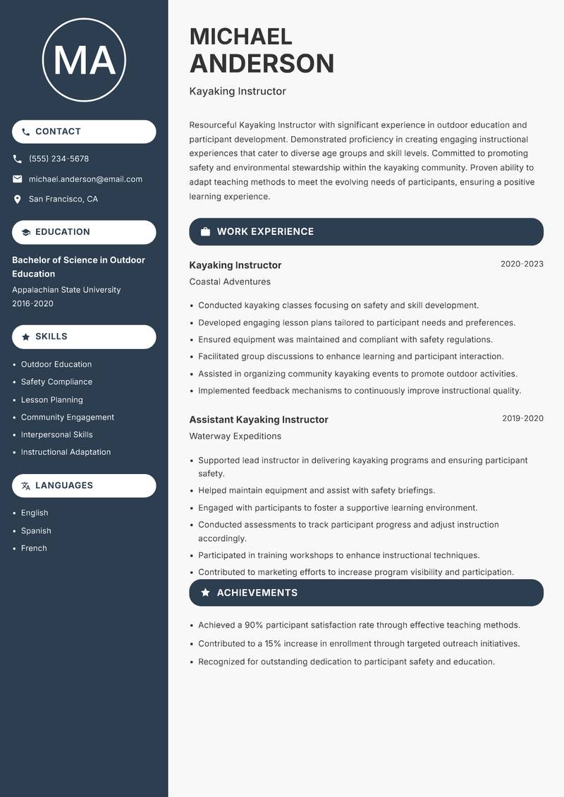 Kayaking Instructor resume sample — Kayaking Instructor focus