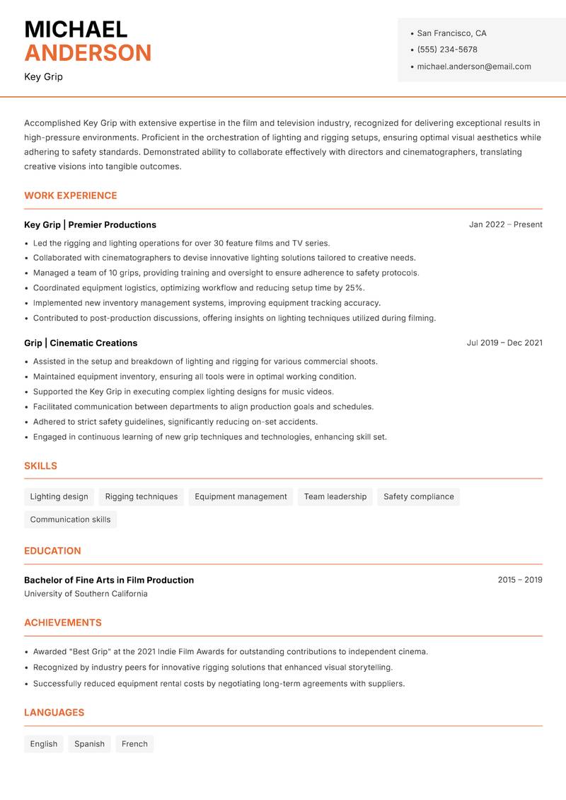 Key Grip resume sample — Key Grip focus
