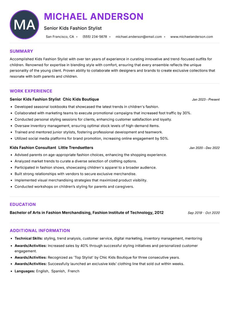 Kids Fashion Stylist resume example