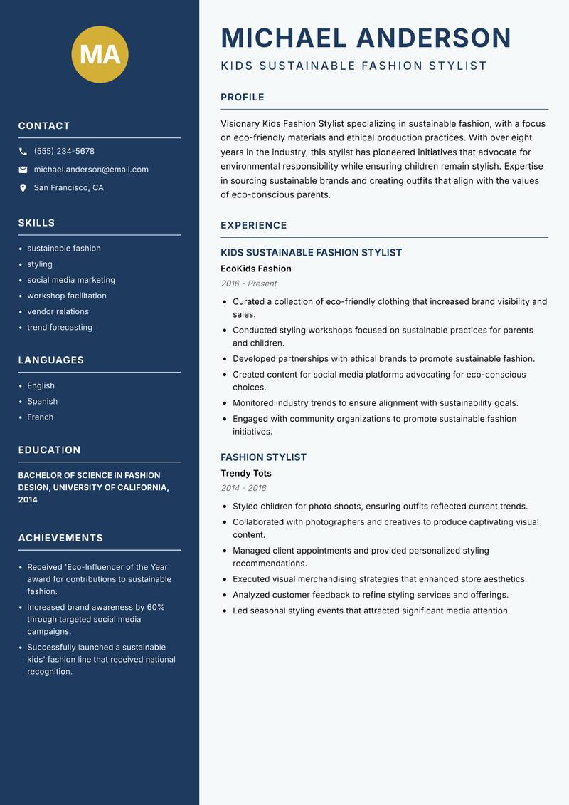 Kids Fashion Stylist resume sample — Kids Sustainable Fashion Stylist focus