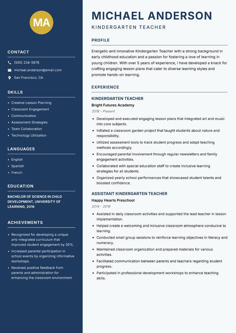 Kindergarten Teacher resume sample — Kindergarten Teacher focus