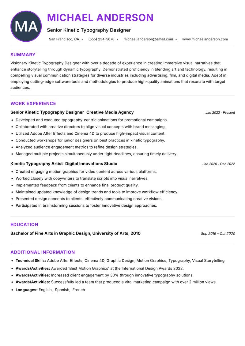 Kinetic Typography Designer resume example