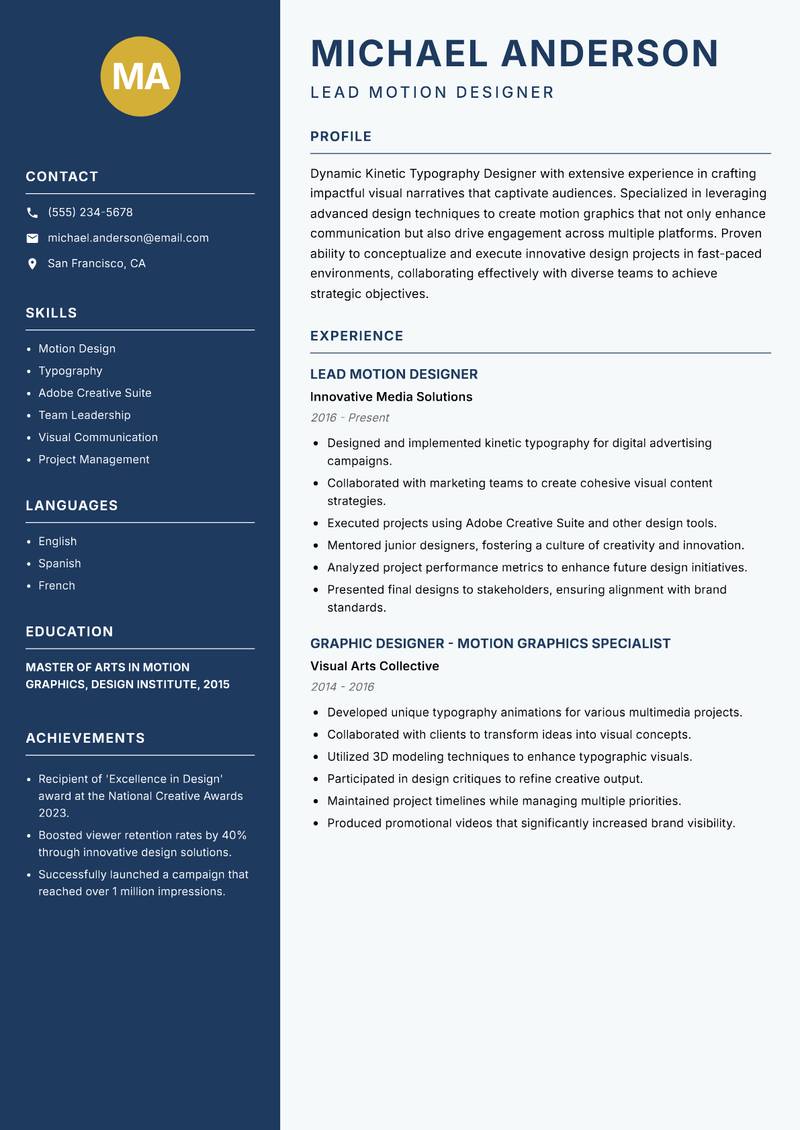 Kinetic Typography Designer resume sample — Lead Motion Designer focus