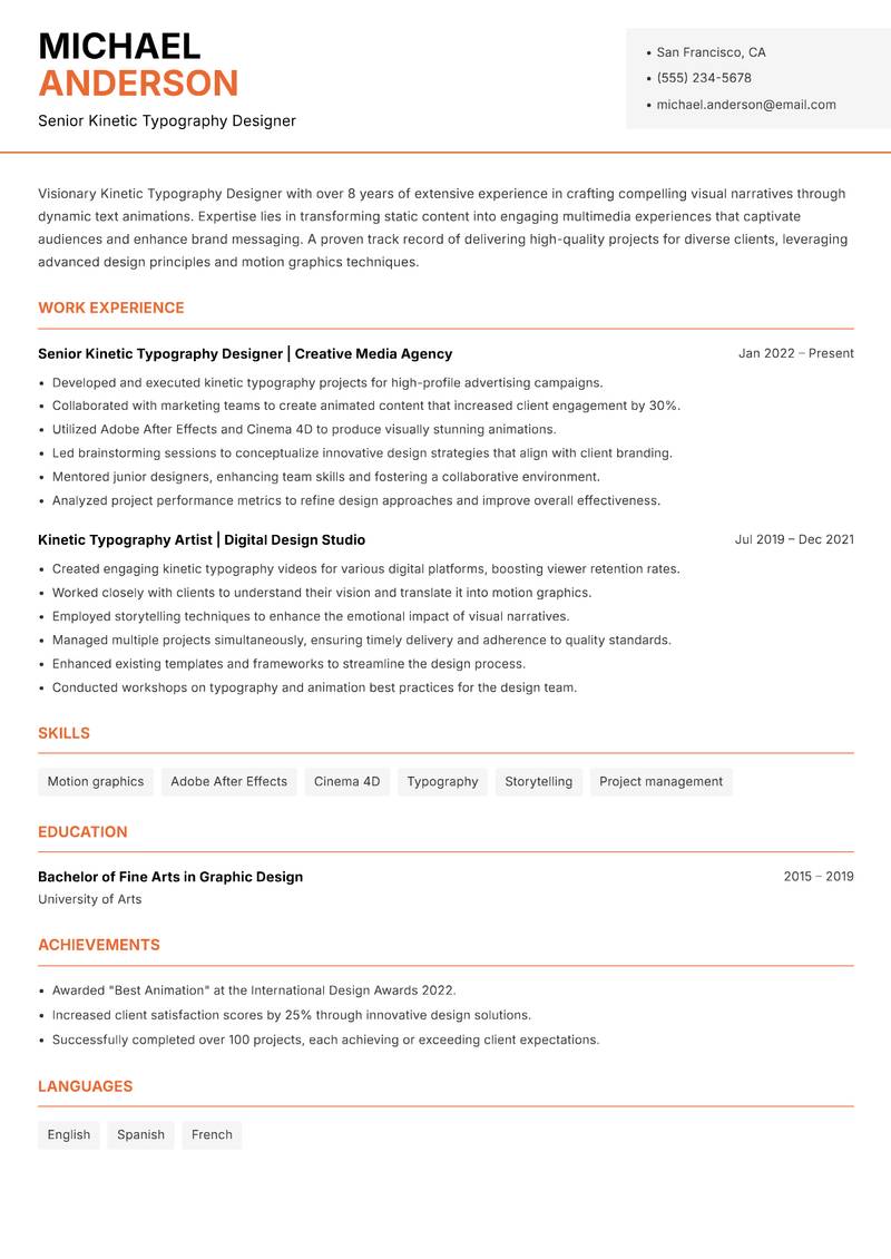 Kinetic Typography Designer resume sample — Senior Kinetic Typography Designer focus