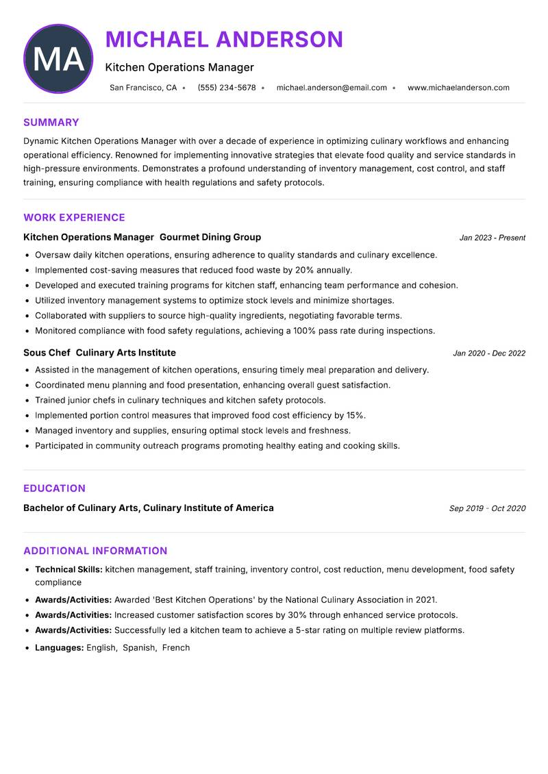Kitchen Operations Manager resume example