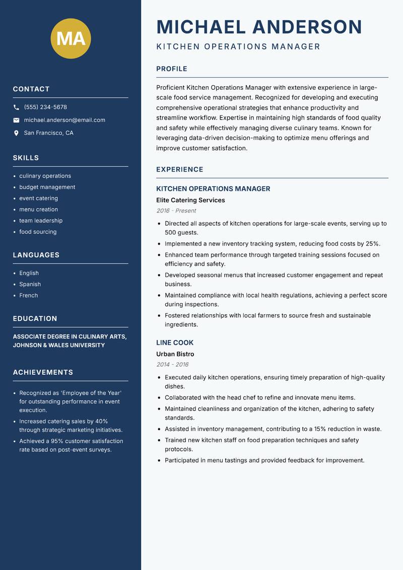 Kitchen Operations Manager resume sample — Kitchen Operations Manager focus
