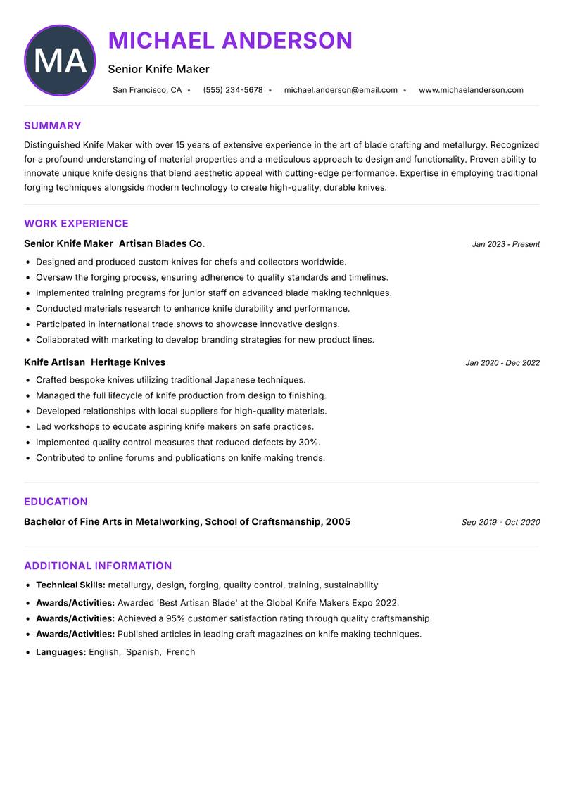 Knife Maker resume example