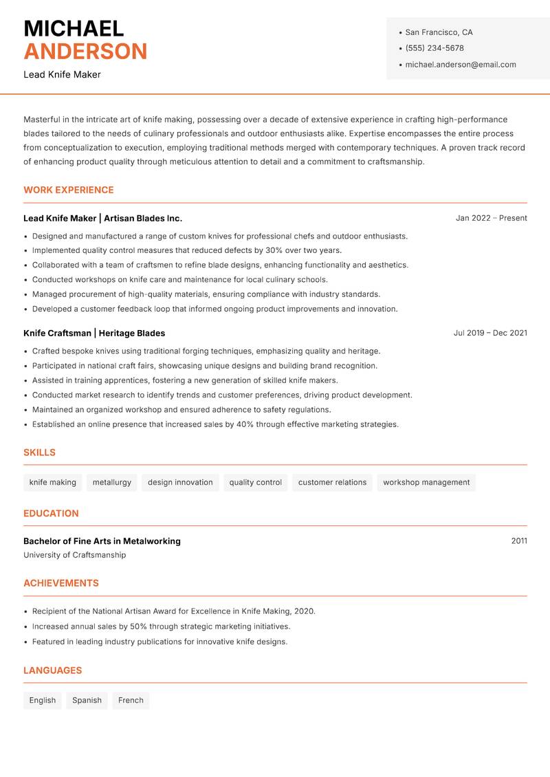 Knife Maker resume sample — Lead Knife Maker focus