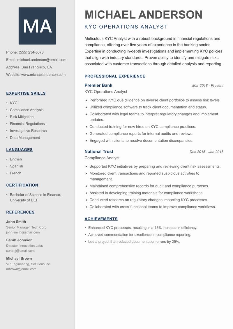 KYC Analyst resume sample — KYC Operations Analyst focus