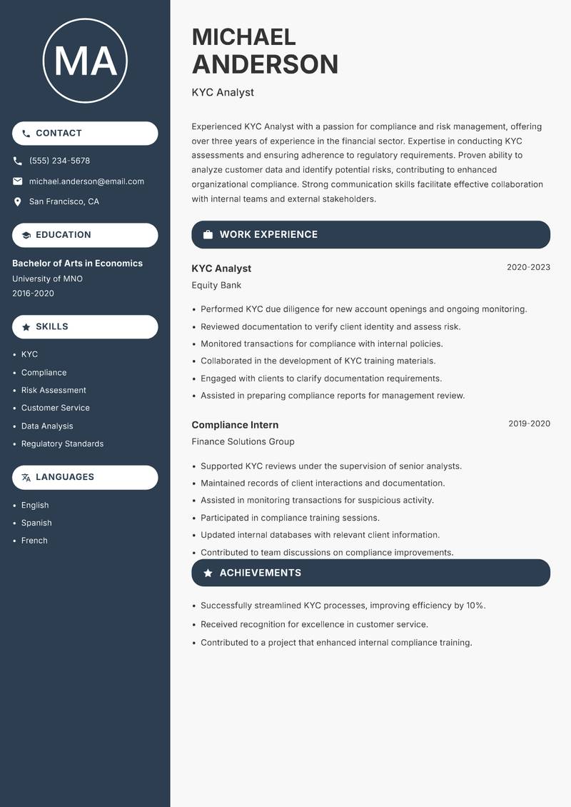 KYC Analyst resume sample — KYC Analyst focus