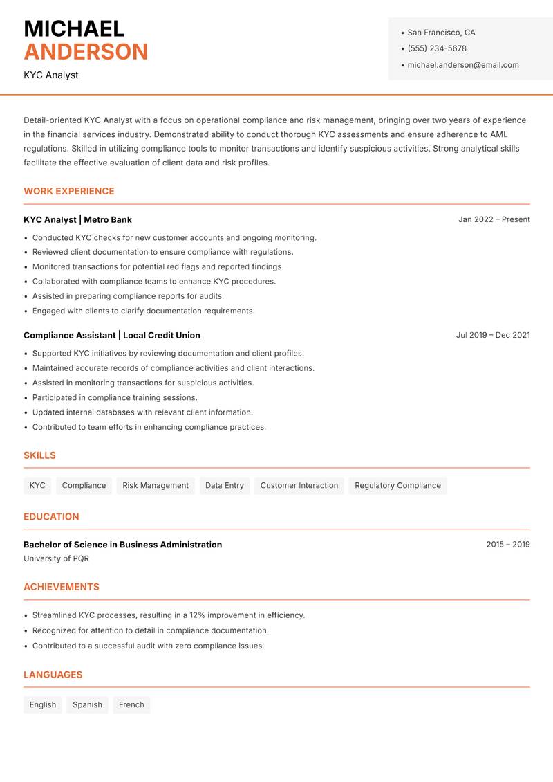 KYC Analyst resume sample — KYC Analyst focus