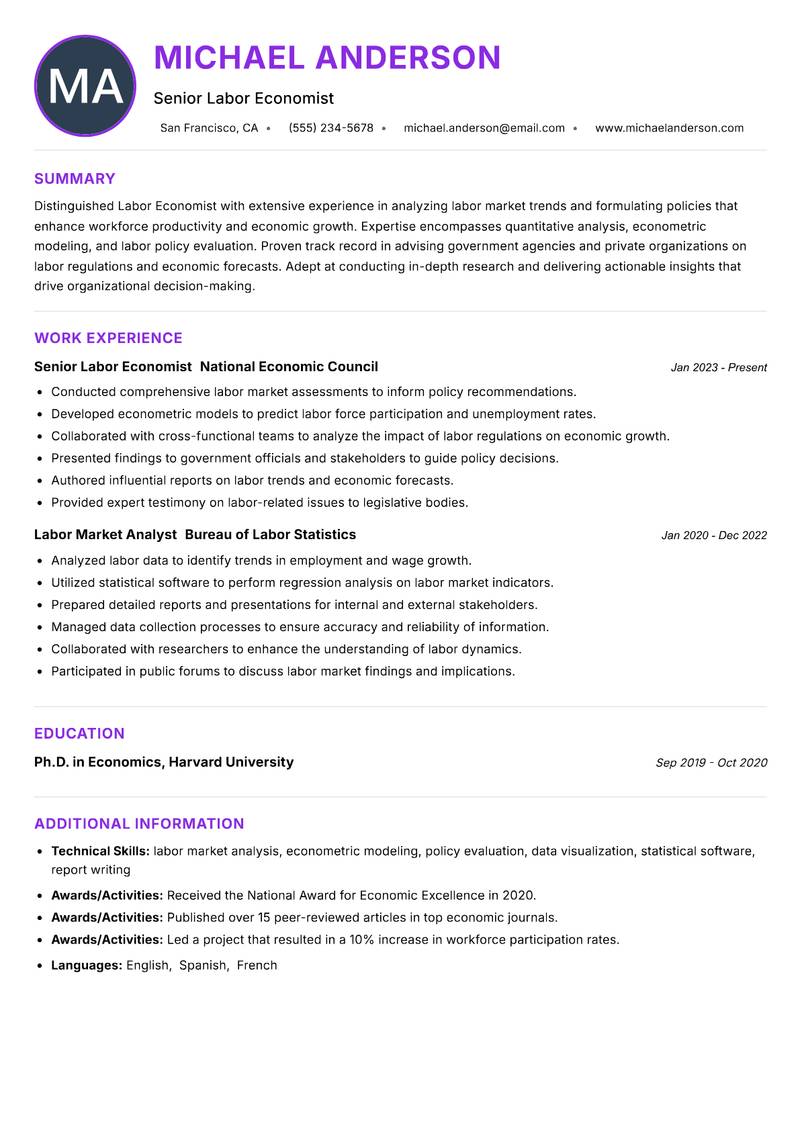 Labor Economist resume example