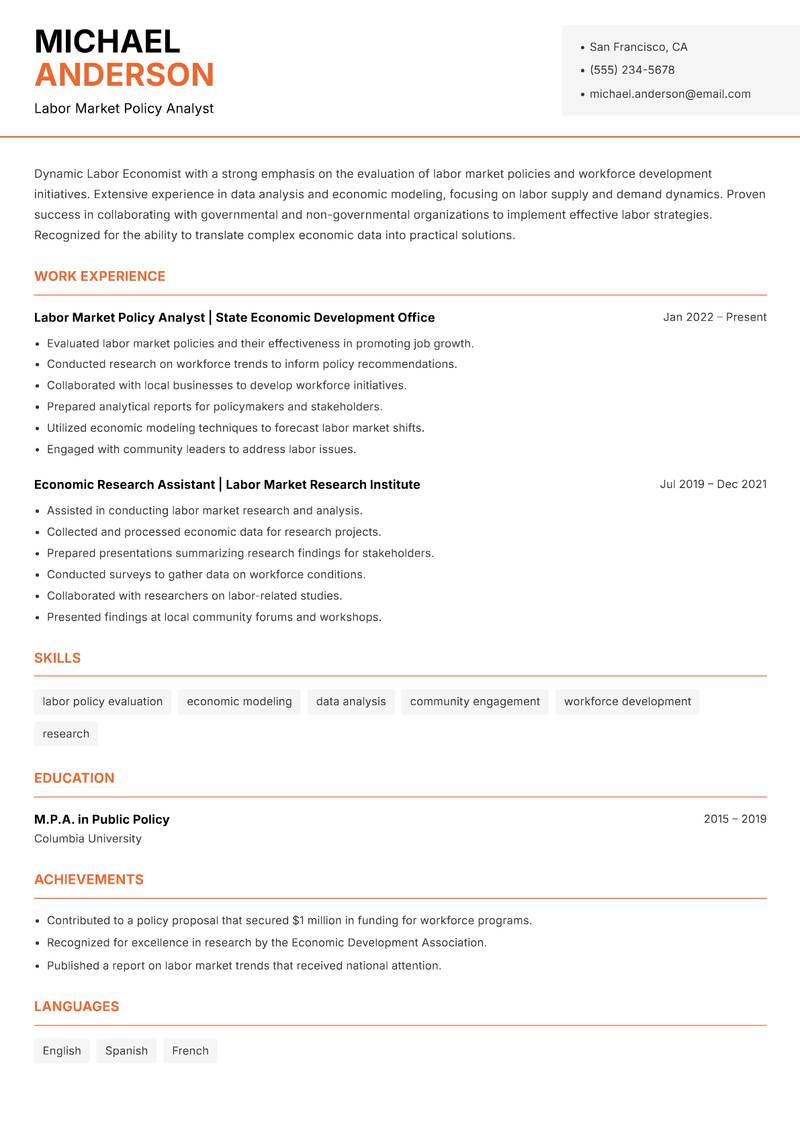 Labor Economist resume sample — Labor Market Policy Analyst focus
