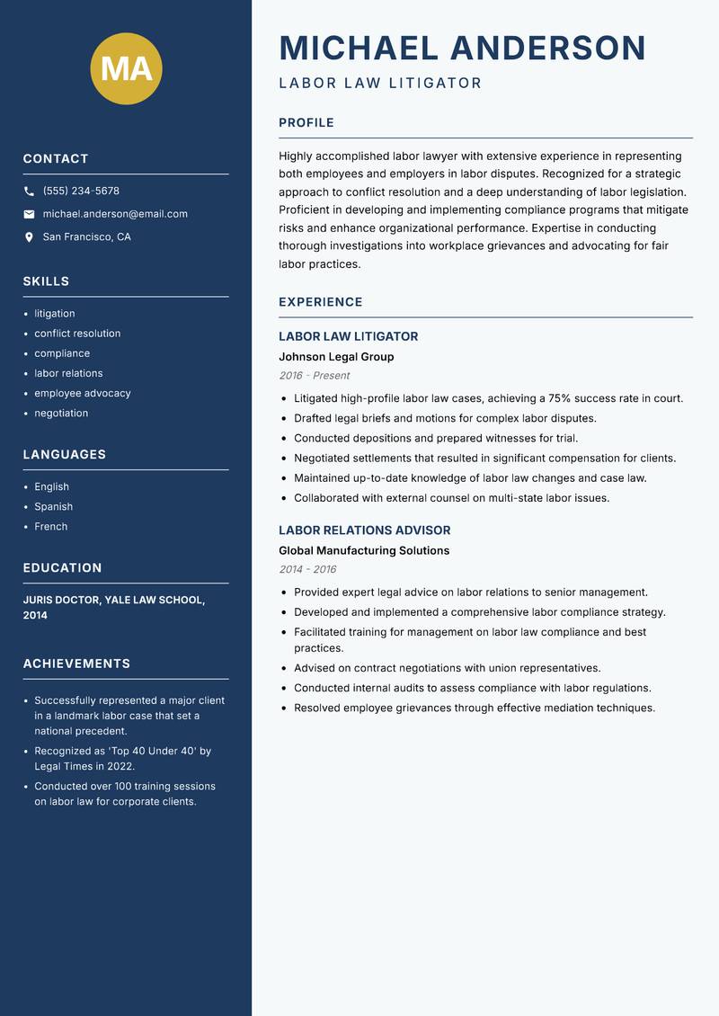Labor Lawyer resume sample — Labor Law Litigator focus