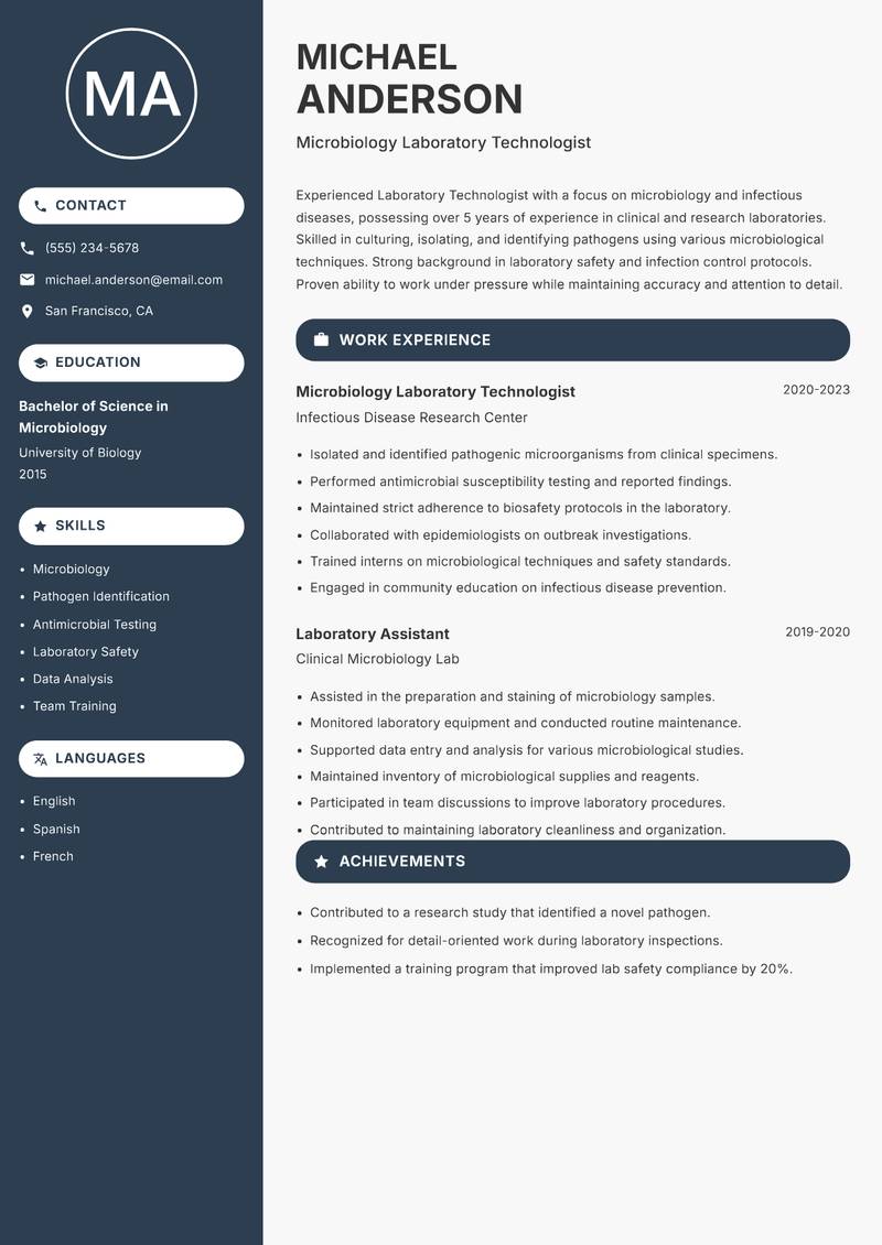 Laboratory Technologist resume sample — Microbiology Laboratory Technologist focus