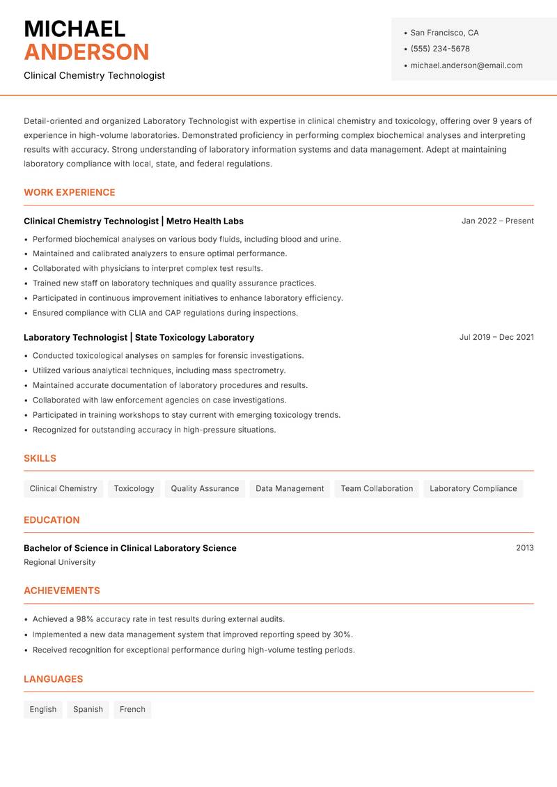 Laboratory Technologist resume sample — Clinical Chemistry Technologist focus