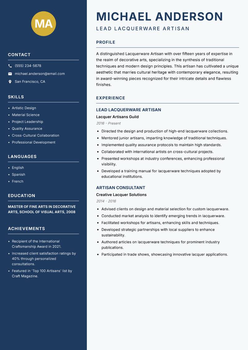 Lacquerware Artisan resume sample — Lead Lacquerware Artisan focus