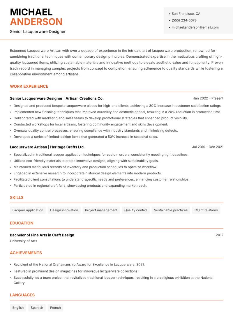 Lacquerware Artisan resume sample — Senior Lacquerware Designer focus