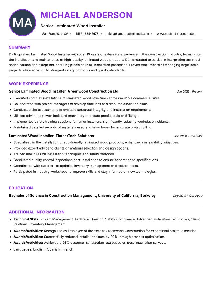 Laminated Wood Installer resume example
