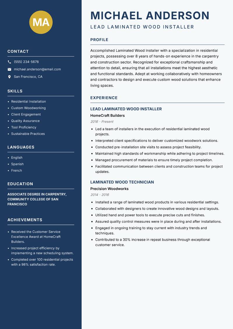 Laminated Wood Installer resume sample — Lead Laminated Wood Installer focus