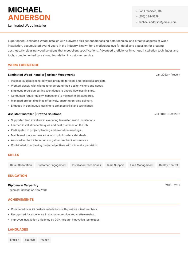 Laminated Wood Installer resume sample — Laminated Wood Installer focus