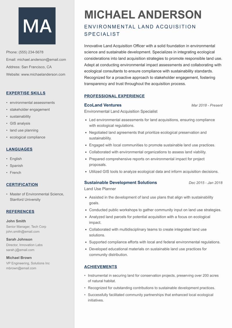 Land Acquisition Officer resume sample — Environmental Land Acquisition Specialist focus