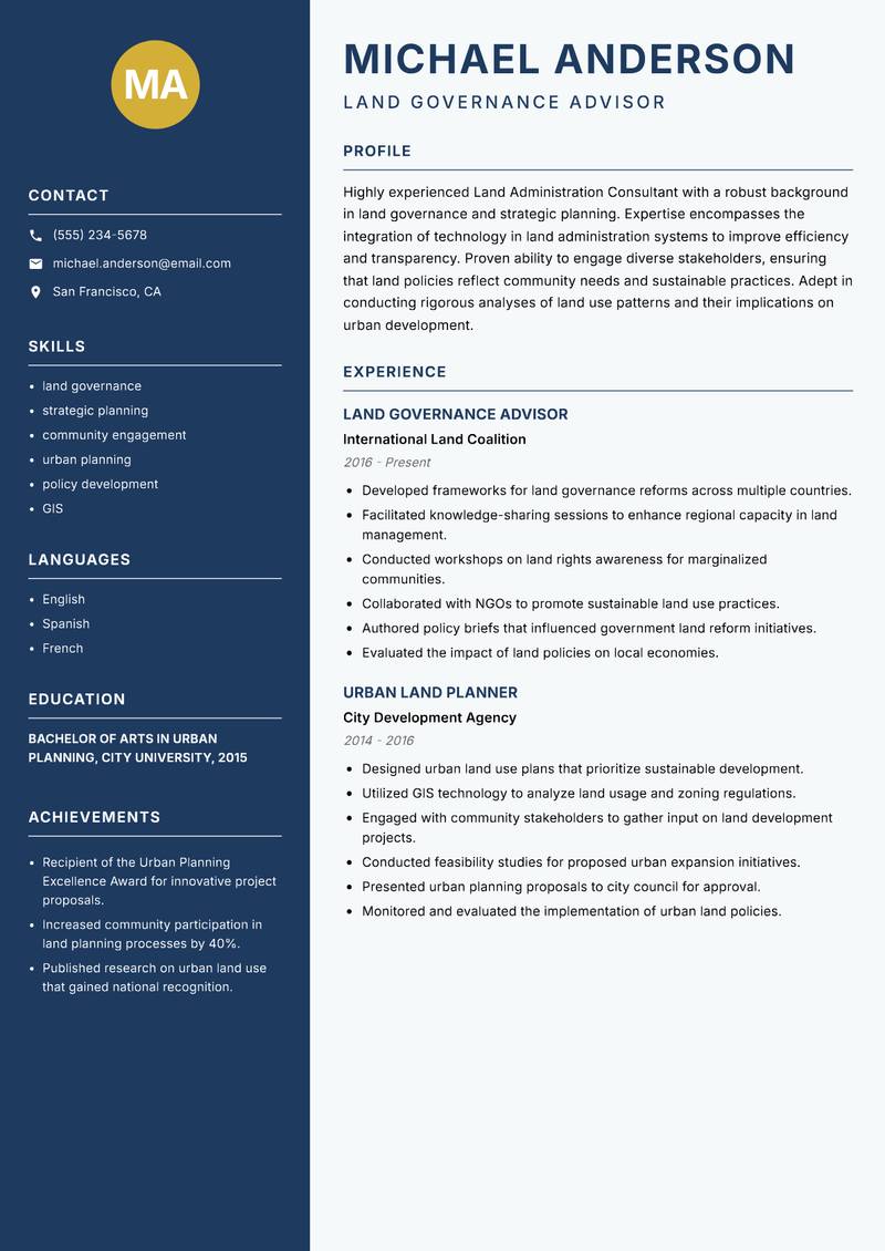 Land Administration Consultant resume sample — Land Governance Advisor focus