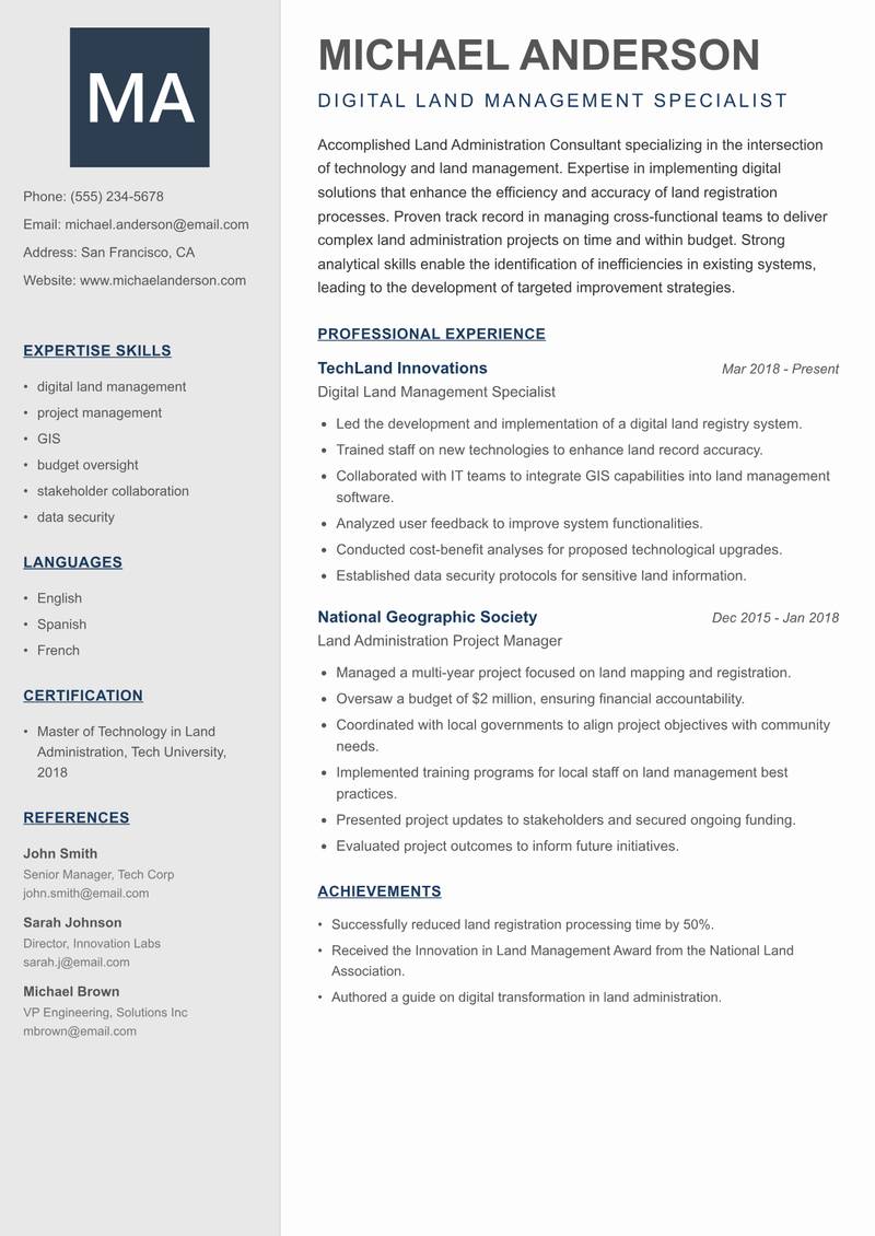 Land Administration Consultant resume sample — Digital Land Management Specialist focus