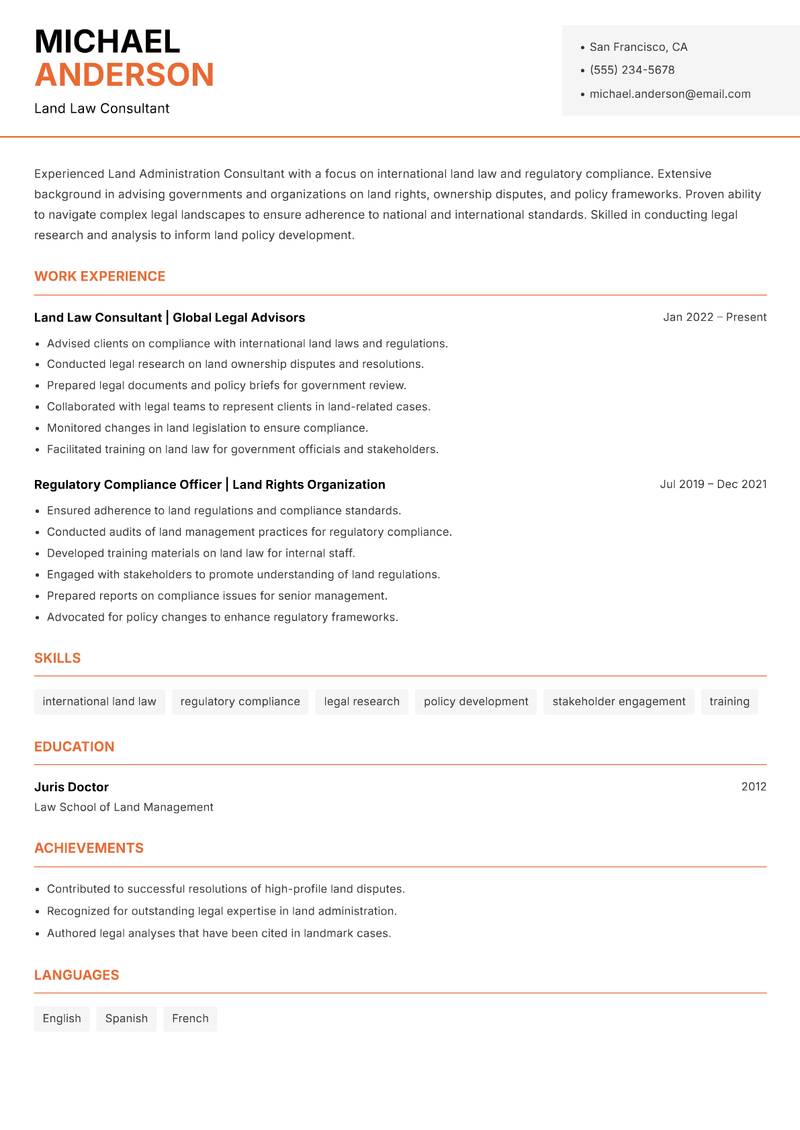 Land Administration Consultant resume sample — Land Law Consultant focus