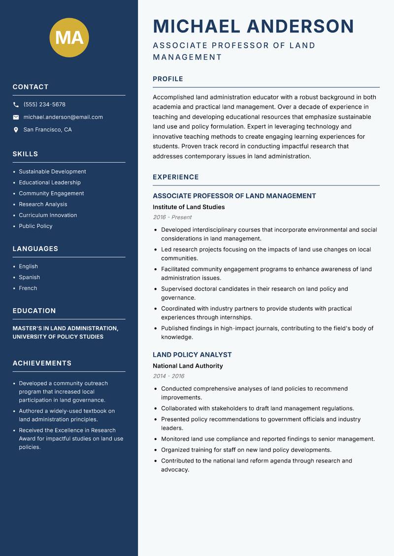 Land Administration Educator resume sample — Associate Professor of Land Management focus