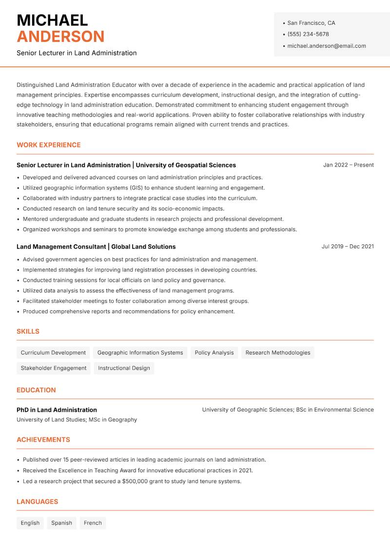 Land Administration Educator resume sample — Senior Lecturer in Land Administration focus