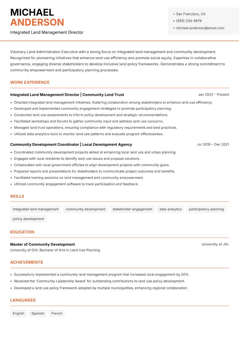 Land Administration Executive resume sample — Integrated Land Management Director focus