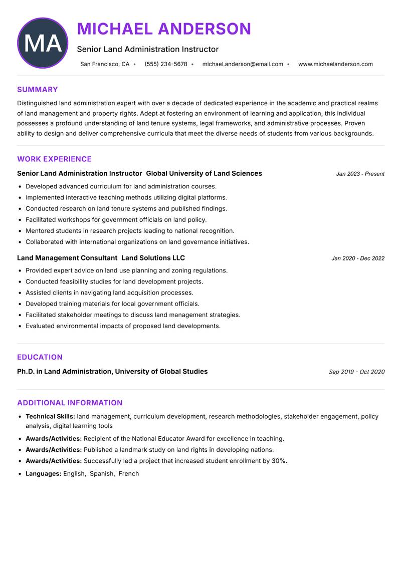 Land Administration Instructor resume example