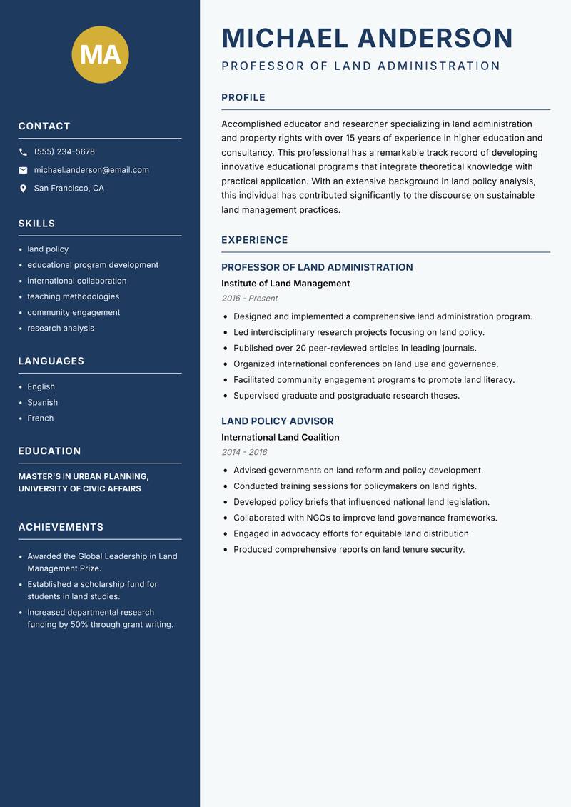 Land Administration Instructor resume sample — Professor of Land Administration focus