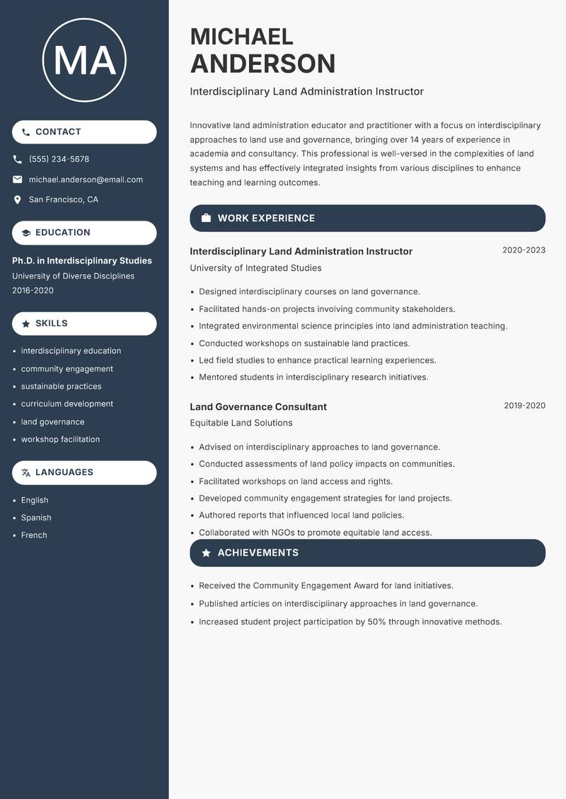 Land Administration Instructor resume sample — Interdisciplinary Land Administration Instructor focus