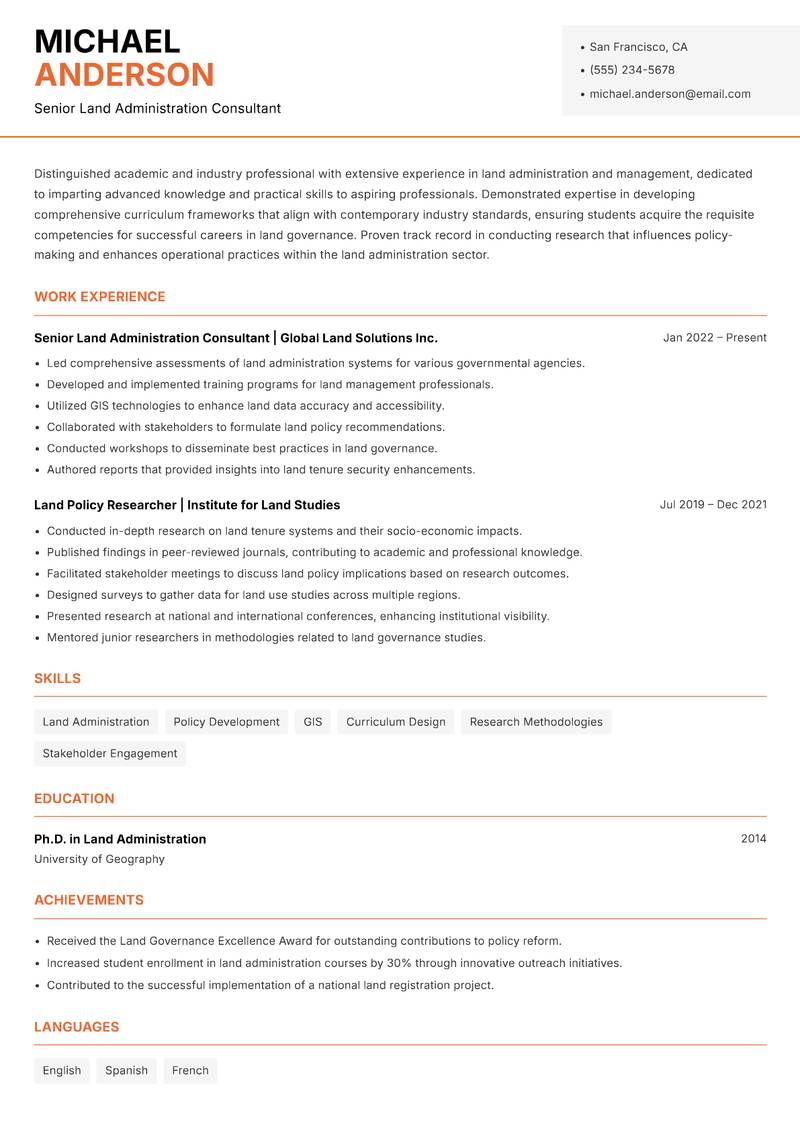 Land Administration Instructor resume sample — Senior Land Administration Consultant focus
